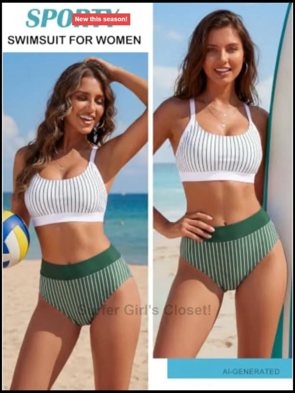 High Waisted Tummy Control Bikini Set Supportive Sporty Bathing Suit Color Block